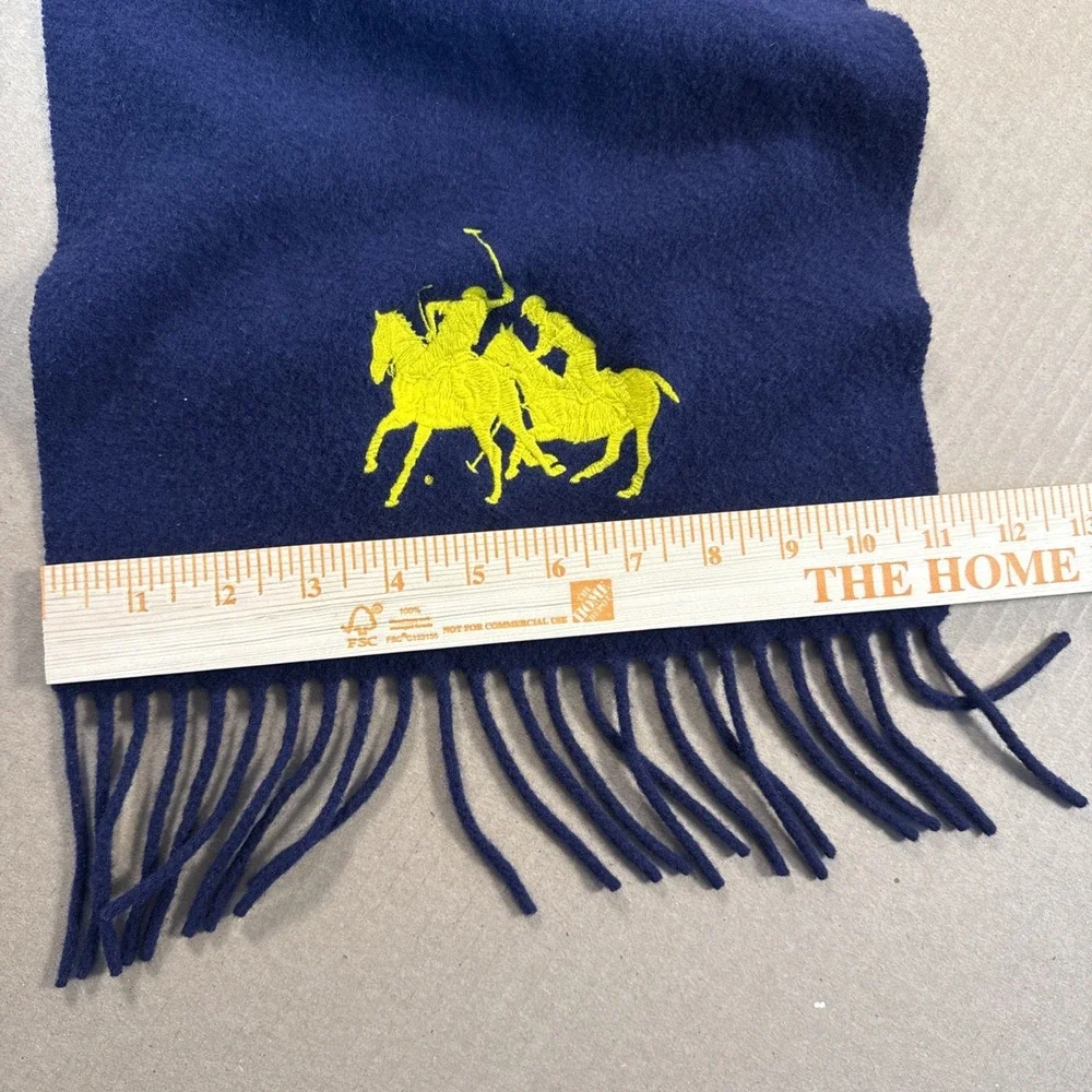 Polo Ralph Lauren 100% Lambswool Scarf‎ Navy Fringe Yellow 2 Pony Logo 60